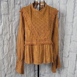 Rocks & Indigo Mustard Lace Boho Peplum Top Victorian Prairie Blouse Medium